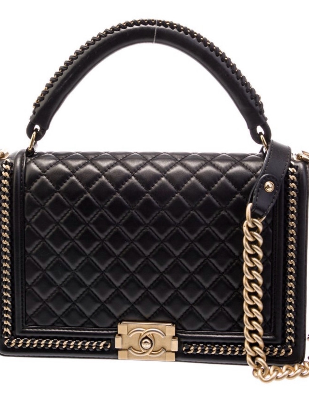 Chanel Quilted Leather Top-Handle Boy Bag in Black and Gold Large